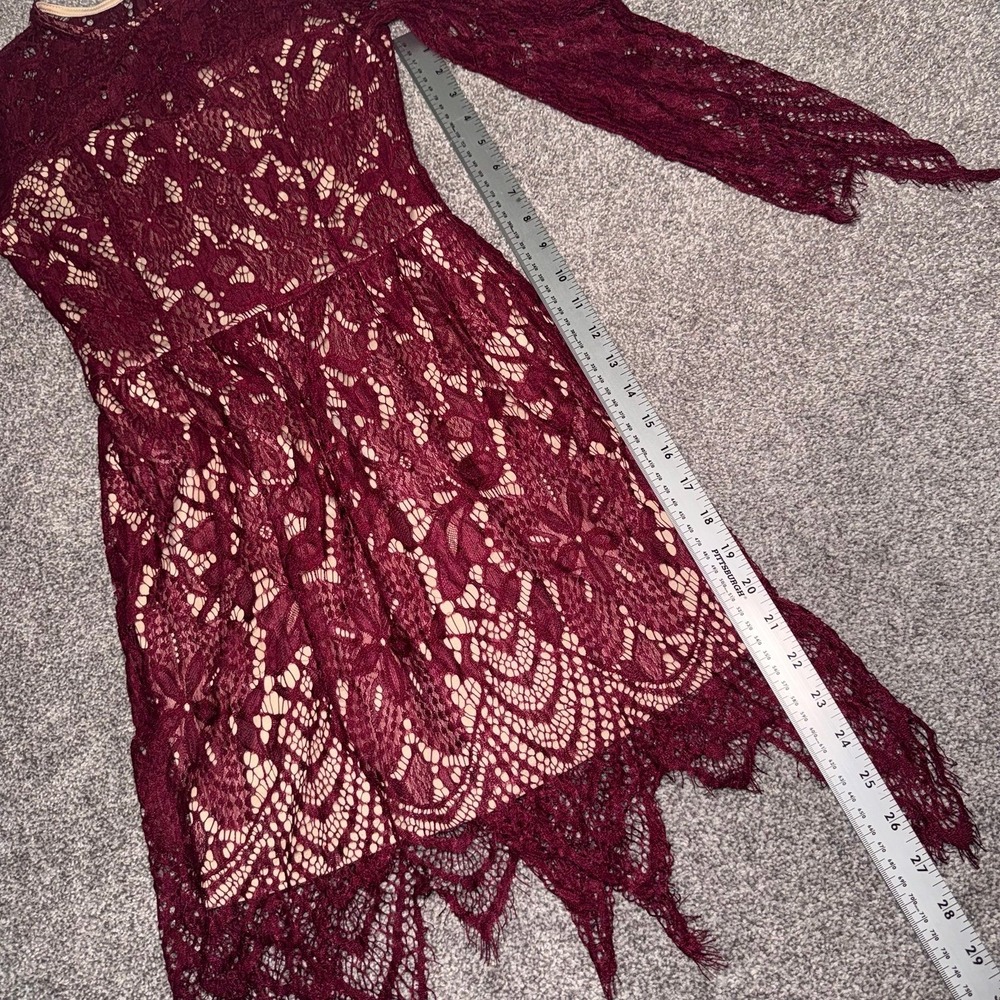 Women's Long Sleeve Maroon Lace Overlay Dress w/ Nude Lining - Picture 5 of 12